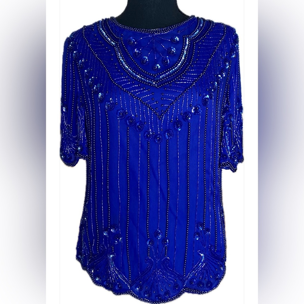 80’s Royal Blue Beaded Silk Blouse Vintage Top